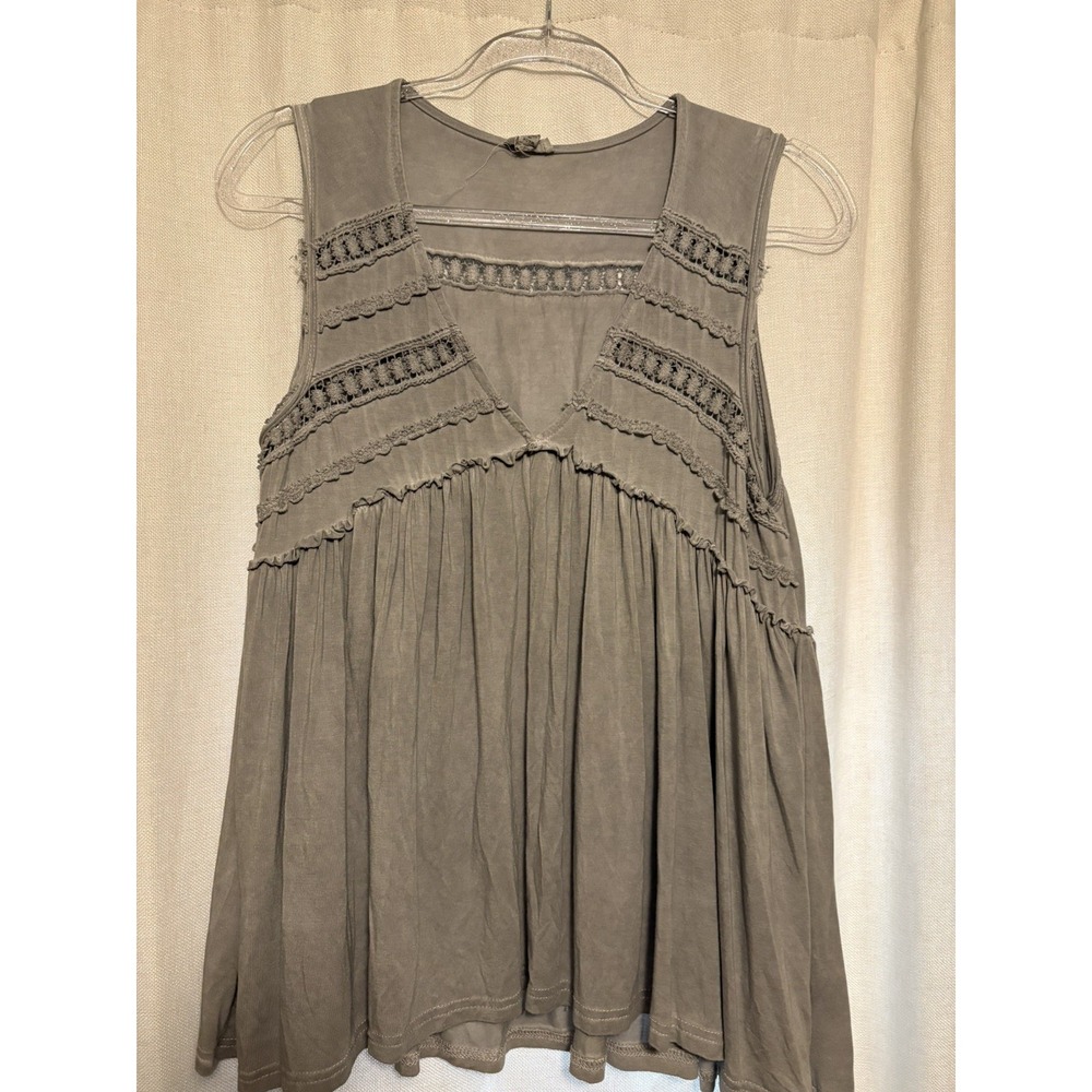 POL Babydoll Sleeveless Gray Distressed Tunic-Crochet-Small BOHO-Hi Lo
